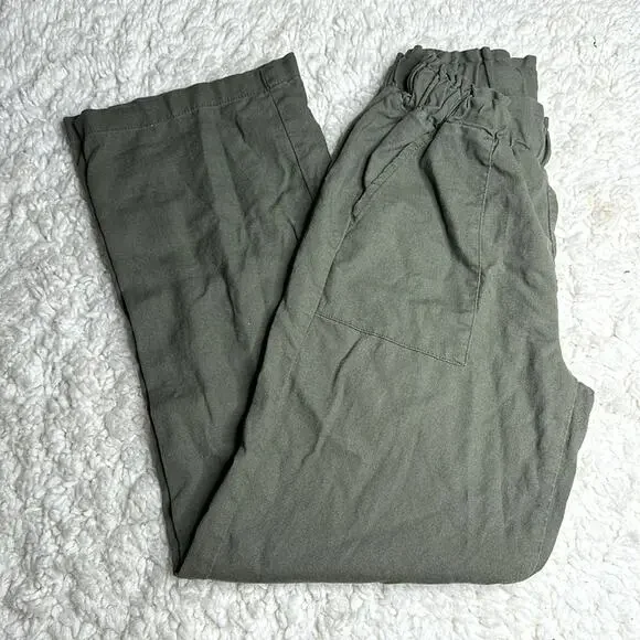 CiSono Linen Collection Olive Green Paperbag Waist Straight Leg PullOn Pant EE13 - Picture 2 of 13